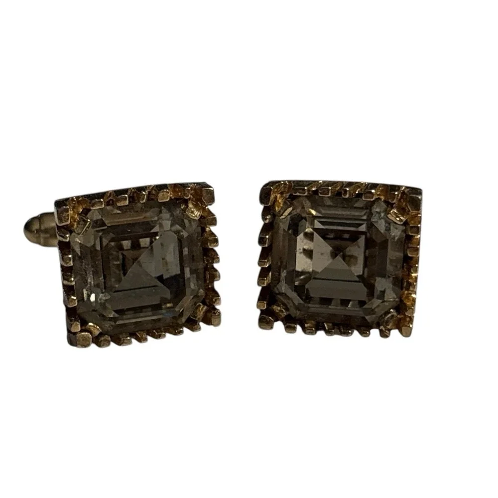 Smoky Gray Cufflinks Large Crystal‎ Rhinestone Gold Tone VTG Square Ridged Edges